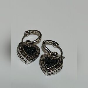 Black Diamond & Sterling Silver Heart Drop/Dangle Earings